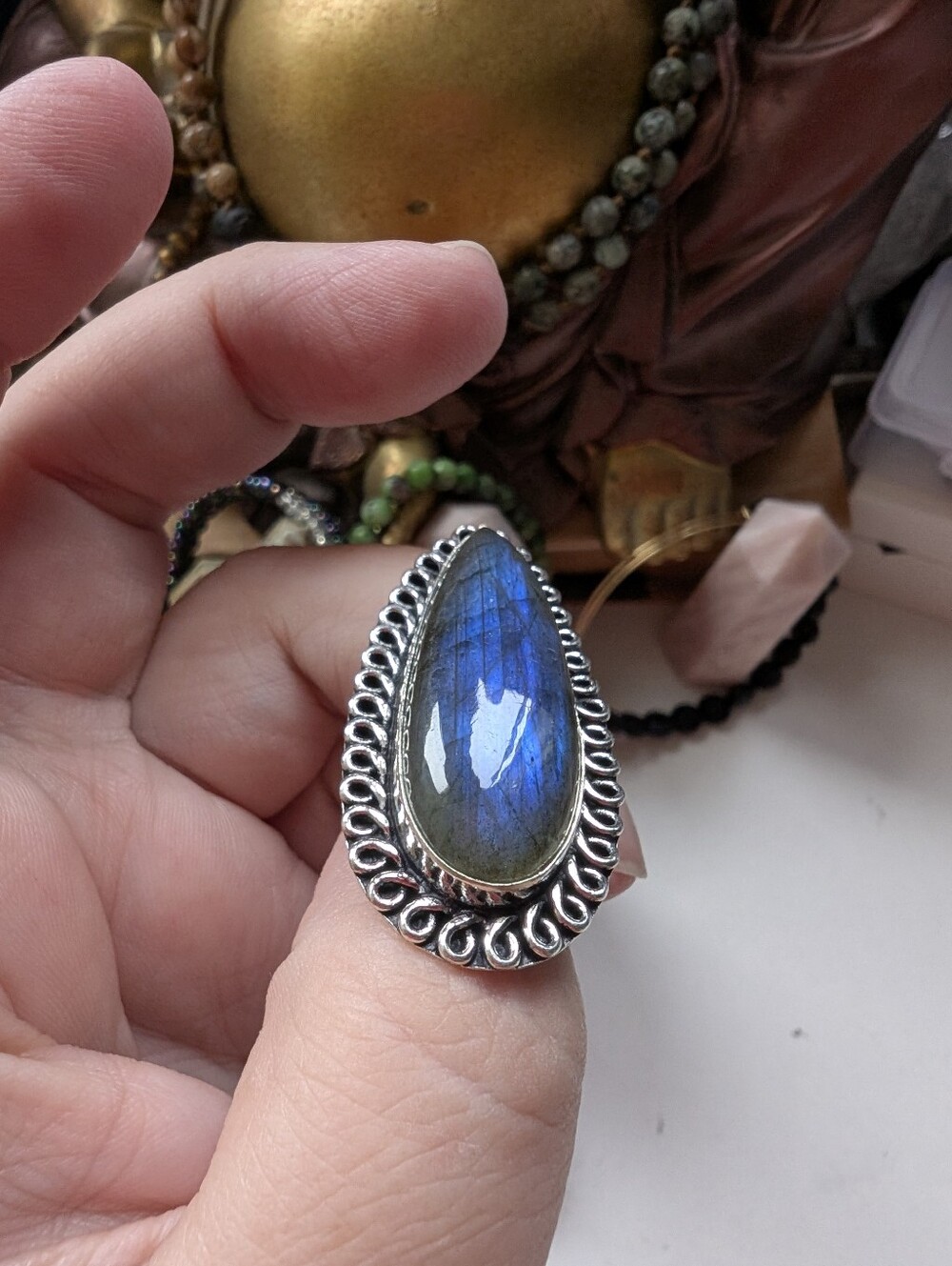 Handcrafted Sterling Silver Teardrop Blue Flash Labradorite Ring Size 6.75